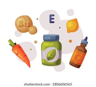 Healthy Diet, Useful Food, Proper Nutrition, Supplements, Products with Health Benefits Cartoon Style Vector Illustration