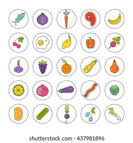 Healthy diet vector pictogramm collection with different types of fruits, vegetables, meat and seafood, Vector icon set.