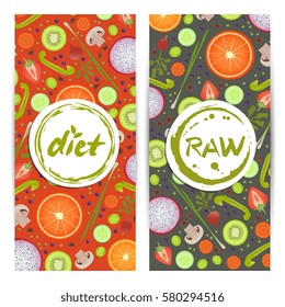 Healthy diet vertical flyers set vector illustration. Natural fruits and vegetables colorful background. Vegetarian organic raw food, healthy lifestyle, best quality, bio and eco nutrition concept