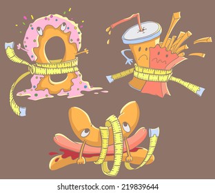 Healthy diet vs Fastfood. Donut, soda with french fries, hot dog tightened by measuring tape. Vector colorful illustration. 