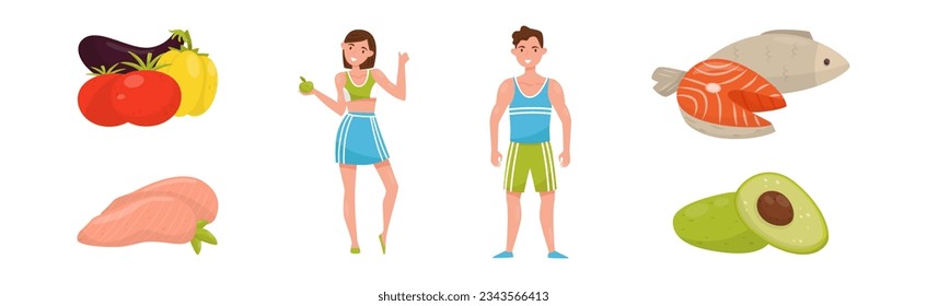 Healthy Diet with Young Man and Woman and Balanced Food Vector Set