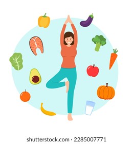 Healthy diet. Young woman doing yoga exercise with healthy food around in flat design.