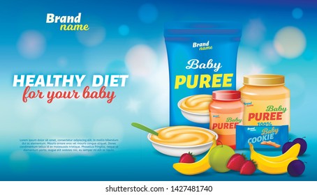 Healthy Diet for Your Baby Advertising Banner, Fruits and Vegetables Puree, Cookies Packaging Design, Kids Food Promo Template, Fresh Mashed on Blurred Background, 3d Vector Realistic Illustration