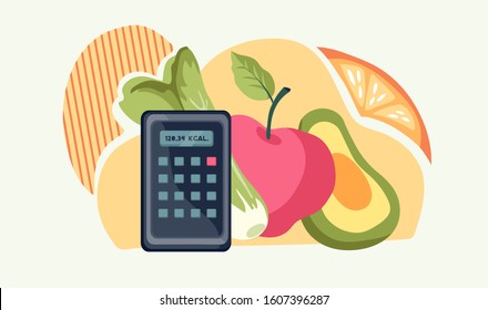 Healthy dieting banner template with with food icons and Calculator for Calories Counting. Nutrition plan for weight control, slimming and health. Flat vector Illustration.