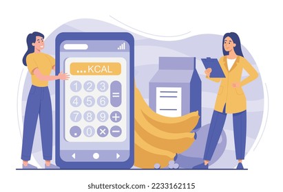 Healthy dieting concept. Two women with smartphones and natural and organic products. Fruits and milk products. Poster or banner for site. Healthy food and nutrition. Cartoon flat vector illustration