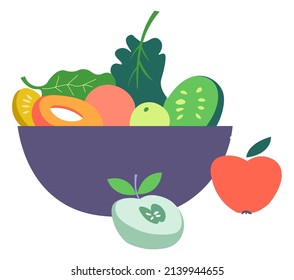 Healthy dieting and nutrition, delicious food for losing weight and detox. Organic natural products for menu. Bowl with apples and kiwi, pear, and salad leaves greenery. Vector in flat style