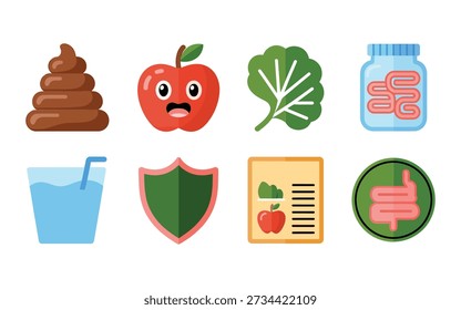 Conjunto de Vector de icono de digestión saludable con fruta, emoji de caca, lista de fibras, escudo, vidrio de agua para la salud intestinal, conciencia alimentaria, diseño de educación