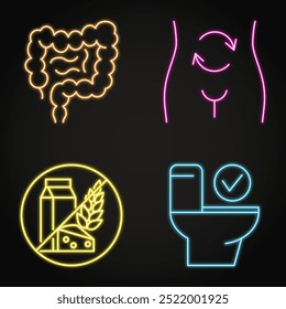 Conjunto de iconos de neón de digestión saludable. Intestino humano, metabolismo, alérgenos. Ilustración vectorial.