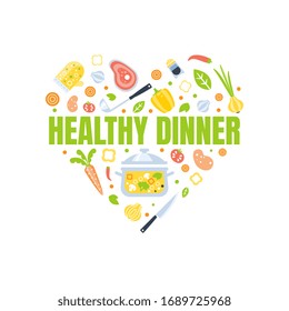 Plantilla de banner de cena saludable con utensilios de cocina y productos frescos de la ilustración vectorial de forma cardiaca