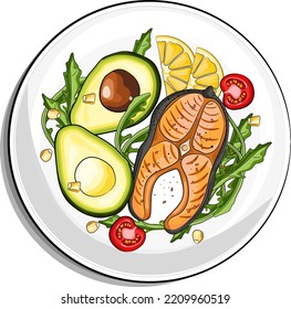 Healthy dinner cartoon vector illustration. Avocado with fish on plate. Vegetarian nutrition. Dish with salmon and vegetables top view isolated on white. Restaurant, cafe menu drawing. Vegan food