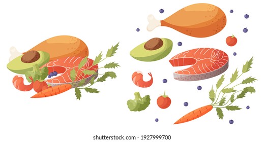 Healthy dinner concept. Healthy food set. Red fish, broccoli, tomatoes, blueberries, avocado, shrimp, chicken, carrot. Cartoon style, vector illustration