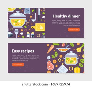 Healthy Dinner, Easy Recipes Landing Page Templates Set, Online Cooking Web Page, App, Website Vector Illustration