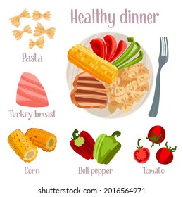 Healthy dinner hand drawn recipe. Delicious ready dish with ingredients in flat style with dry brush texture. Vector colorful illustration and handwritten lettering for web article, book, flyer.