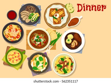 Healthy dinner icon of vegetable soup with bacon, beef roll with ham, noodles with meat, vegetable and fish, baked pork with mushroom strudel, tofu mushroom soup, pancake with apple and caramel