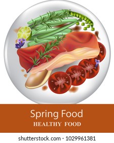 Healthy dinner plate salmon and vegetables Vector realistics