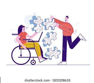 Healthy and disabled characters technology team work concept. Young woman disability. Emploee girl in wheelchair with computer and standing man. Accessible workplace. Trendy flat vector illustration 