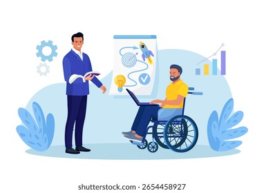 Colegas saudáveis e com deficiência trabalham juntos no desenvolvimento do plano. Encontro inclusivo de pessoas com deficiência. Personagens discutem projeto. Funcionários que se reúnem, comunicam-se, disputam 
