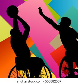 Healthy disabled men basketball players in a wheelchair detailed sport concept silhouette illustration background vector