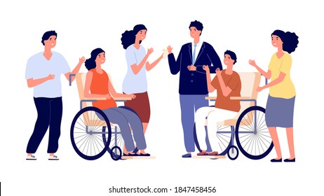 Healthy and disabled people. Man woman on wheelchair with friends. Friendship, social adaptation and communication diverse persons