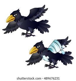 Healthy and diseased cute crow. Vector illustration.