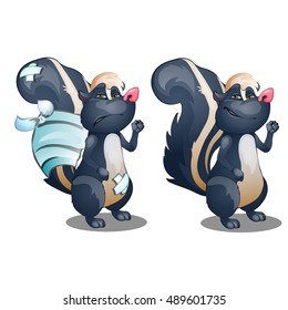 Healthy and diseased cute skunk. Vector cartoon close-up illustration.