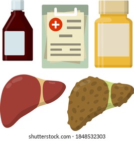 Healthy and diseased liver. Causes of illness the internal organ. Package of pill and tablet. Medical diagnosis. Funny cartoon flat illustration.