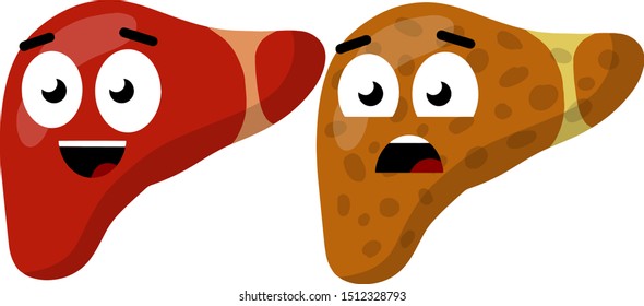Healthy and diseased liver. Comparison of the medical condition of human organs. Funny flat cartoon. Emotions on the face of the characters