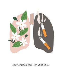 Healthy and diseased lungs. World no Tobacco Day. Stop addiction, smoking quitting. Flat vector illustration isolated on white background.