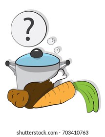 healthy dish, carrots, potatoes, chicken, pan with ingredients, vector image