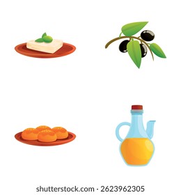Healthy dish icons set cartoon vector. Traditional dish of greek cuisine. Mediterranean food
