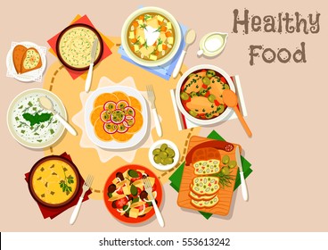 Healthy dishes with olives and cornichon icon of cream soup, rice casserole and sour soup with pickled cucumbers, meatloaf, baked chicken, orange salad, bean pate and potato fish salad with olives