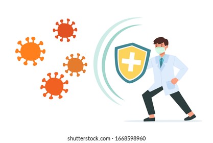 Healthy Doctor reflect bacteria attack with shield. Doctor holds shield covering from virus and bacteria. Health bacteria virus protection. Boost Immunity with medicine concept illustration.