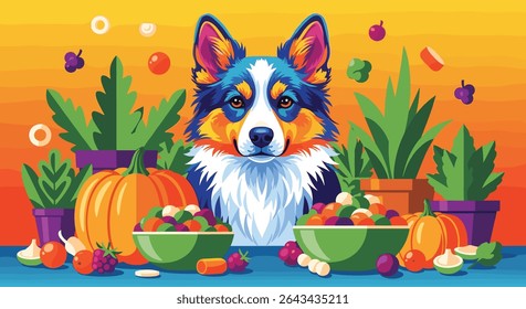 Healthy Dog Food Natural Diet Featuring Corgi with Pumpkins and Fresh Ingredients
