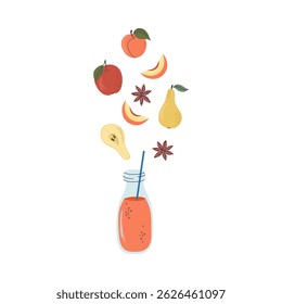 Healthy drink. Glass bottle with orange beverage, fruits and anise. Tasty spicy juice or smoothie recipe. Hand drawn flat design vector illustration.