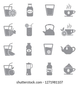 Healthy Drink Icons. Gray Flat Design. Vector Illustration. 