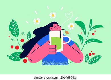 Healthy drink and lifestyle concept. Young positive woman cartoon character standing holding glass of green fresh herbal tea feeling harmony with nature vector illustration 