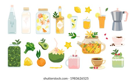 Healthy drink set. Vector summer beverage. Vegan, vegetarian drinks collection isolated on white. Young Coconut, Lemonade, Orange Juice, Herbal berry tea, Plant oat milk, kombucha, smoothie, water