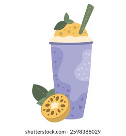 Healthy drink smoothie with passion fruit, vector cartoon illustration