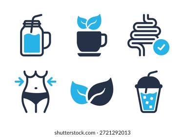 Gesunde Getränke und Diät-Icon-Set. Symbole für durchgezogene Symbolreihen