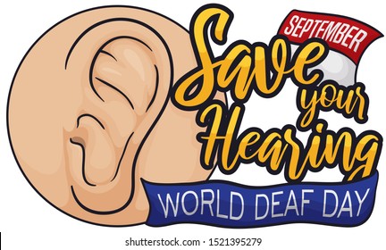 Healthy ear in round button with sign promoting care about hearing sense and  loose-leaf calendar in the celebration of World Deaf Day in September.