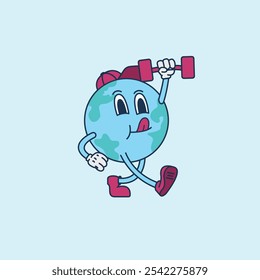 A healthy Earth mascot wearing a hat and lifting a barbell, celebrating World Health Day. This energetic illustration symbolizes personal and environmental wellness. Perfect for health and eco-awarene