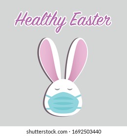 Healthy Easter concept. Cute Easter bunny in face mask on grey background with text. Stay home stay safe. Vector in flat style. Happy Easter greetings. Rabbit in medical mask, quarantine