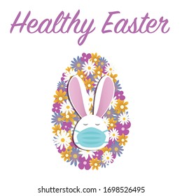 Healthy Easter concept. Cute bunny in face mask and colorful Easter egg made of spring flowers, isolated on white with text. Stay home stay safe. Vector in flat style. Happy Easter greetings