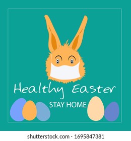 Healthy easter greeting card. Editable Vector illustration of yellow bunny rabbit doll with face mask on soft green background. Lettering "Stay Home".