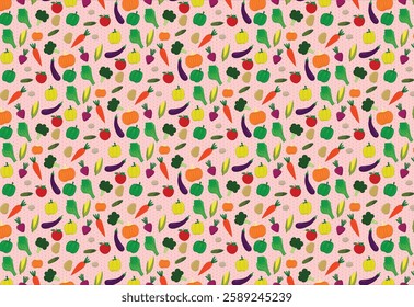 healthy eat vegetable with background red or pink color ,seamless plaid pattern vector, icon vegetable colorful,for backdrop, fabric pattern, decoration kitchen, table cloth pattern