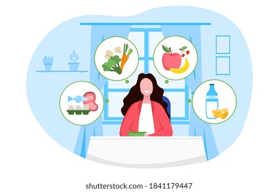 Healthy eating abstract concept with girl sitting at table and thinking what to eat, fish, eggs, fresh vegetables, fruits or dairy products. Flat cartoon vector illustration with fictional character