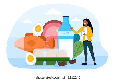 El concepto abstracto de comer saludable con una niña parada al lado de un conjunto de productos, huevos, leche, queso, hierbas, carne. Ilustración vectorial de caricatura plana con personajes ficticios