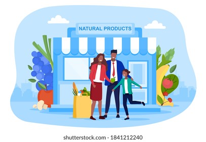 Healthy Eating Abstract Concept With Happy Young Family Mom Dad And Daughter Standing In Front Of A Health Food Store With Purchases. Flat Cartoon Vector Illustration With Fictional Characters