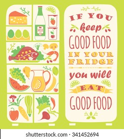 Healthy eating background with quote. Poster with typography. Vector illustration of healthy food.