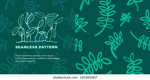 Healthy eating background. Vegetal pattern for banner design with hand-drawn green icons. Herbs backdrop. vector floral silhouettes for Eat healthy concept and organic farming, healthy food label.